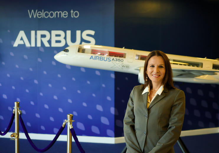 Valentina standing in front of a model of the A350XWB Valentina standing in front of a model of the A350XWB